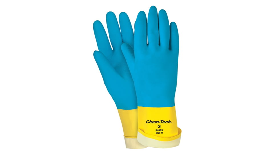 MCR Safety Chem-Tech Neoprene over Latex Gloves, 28 mil Thickness, 12in Length, Blue/Yellow, Medium, 5408S
