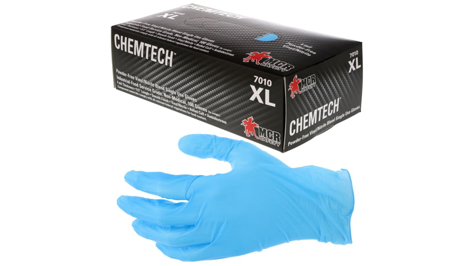 MCR Safety ChemTech Disposable Nitrile Vinyl Blended Gloves, Powder Free Industrial Food Service Grade, 9.5in Length, 4 mil Thickness, Blue, X - Large, 7010XL