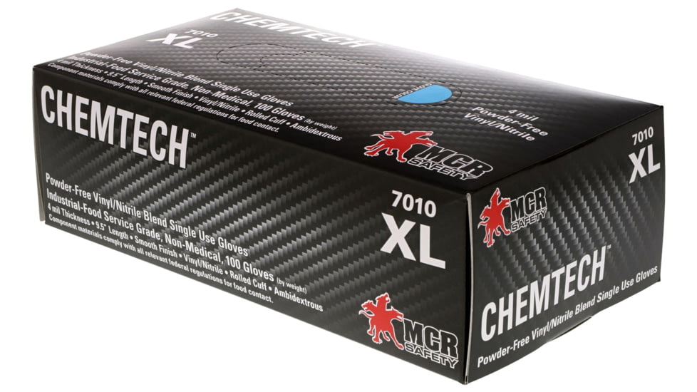 MCR Safety ChemTech Disposable Nitrile Vinyl Blended Gloves, Powder Free Industrial Food Service Grade, 9.5in Length, 4 mil Thickness, Blue, X - Large, 7010XL