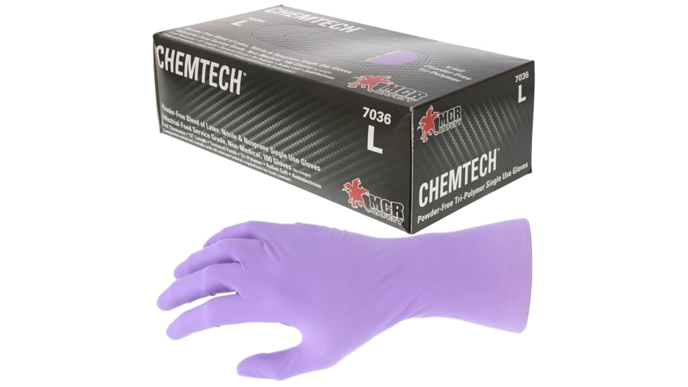 MCR Safety ChemTech Tri-Polymer Blended Disposable Gloves, Powder Free Industrial Food Service Grade, Nitrile Neoprene and Latex Polymers, 12in Length, 6 mil Thickness, Lilac, X - Large, 7036XL