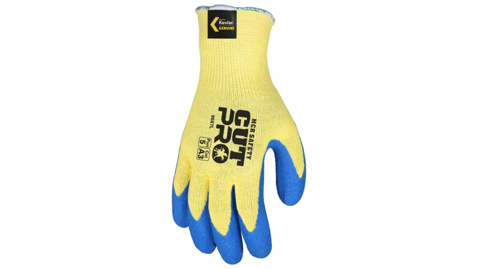 MCR Safety Cut Pro 10 Gauge Kevlar Shell Cut Resistant Work Gloves, Latex Coated Palm and Fingertips, Blue/Yellow, Medium, 9687M