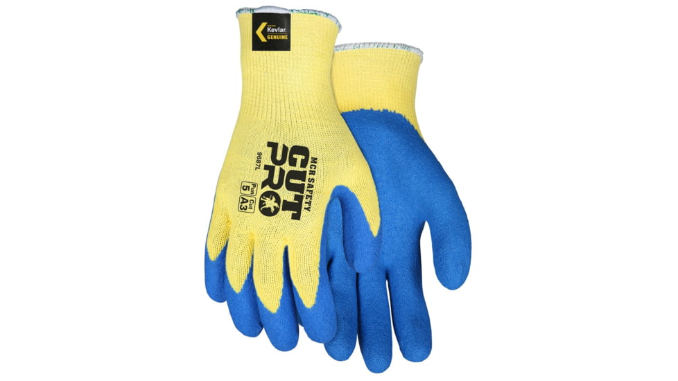 MCR Safety Cut Pro 10 Gauge Kevlar Shell Cut Resistant Work Gloves, Latex Coated Palm and Fingertips, Blue/Yellow, Medium, 9687M