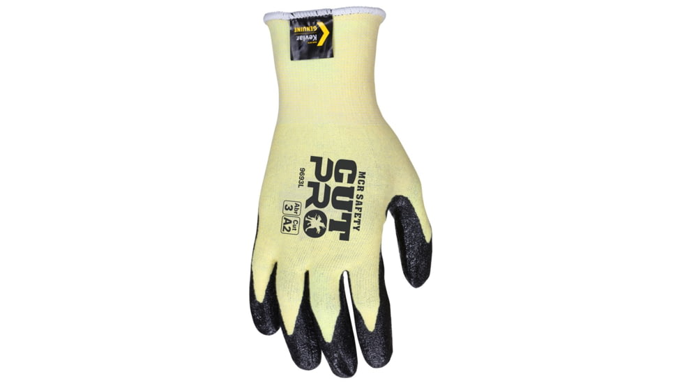 MCR Safety Cut Pro 15 Gauge Stretch Kevlar Shell Cut Resistant Work Gloves, Textured Nitrile Coated Palm and Fingertips, Black/Yellow, Medium, 9693M