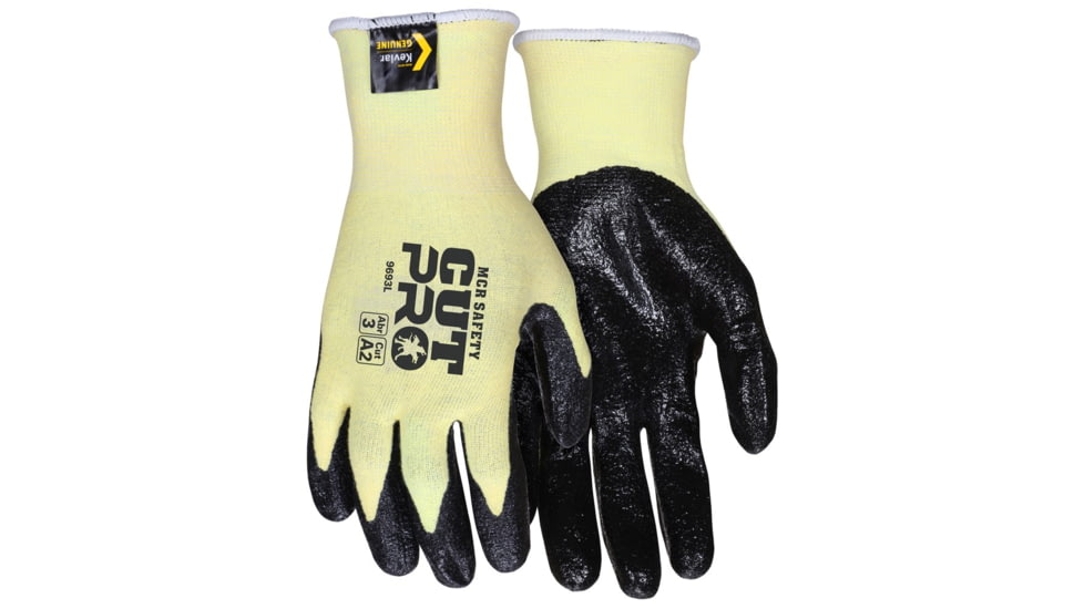MCR Safety Cut Pro 15 Gauge Stretch Kevlar Shell Cut Resistant Work Gloves, Textured Nitrile Coated Palm and Fingertips, Black/Yellow, Medium, 9693M