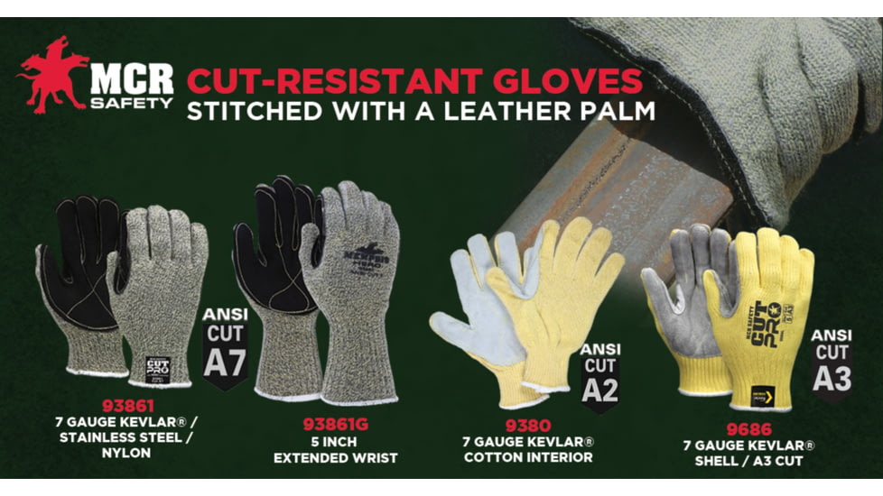 MCR Safety Cut Pro 7 Gauge Kevlar Shell Cut Resistant Work Gloves, Split Leather Palm, Gray, Large, 9686L
