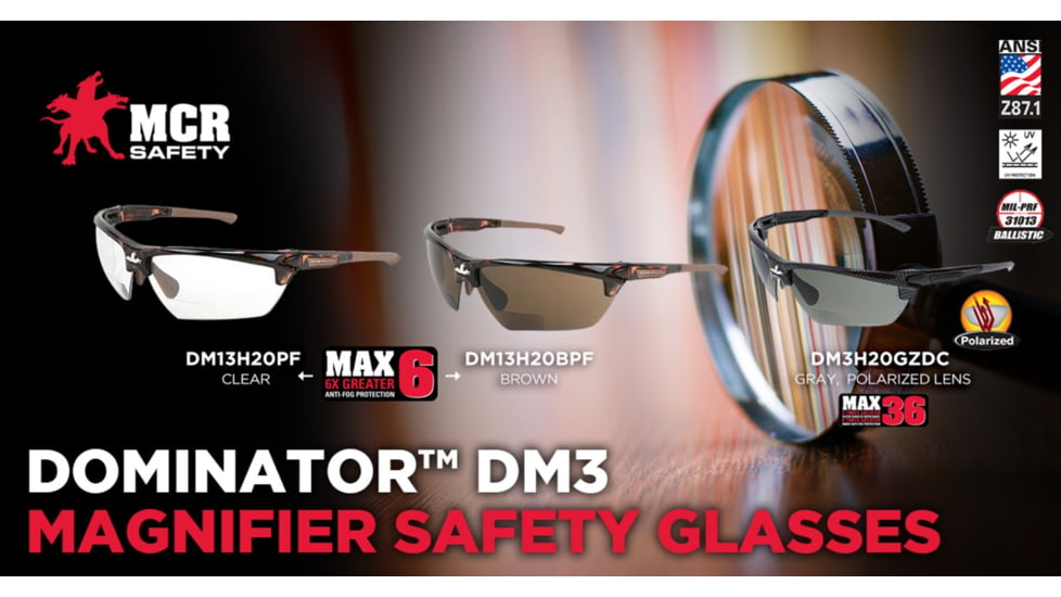 MCR Safety Dominator DM3 Magnifier 2.0 Diopter Polarized Lens MAX36 Anti-Fog/Anti-Scratch Coating, Gray, One Size, DM3H20GZDC