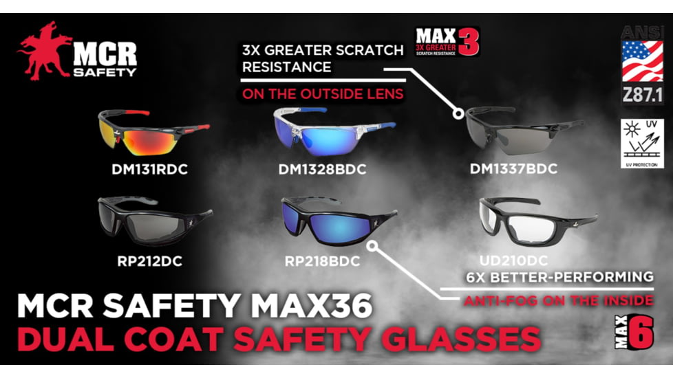 MCR Safety Dominator DM3 Series Safety Glasses, MAX36 Lenses, Adjustable Wire Core Temples and Nose Piece, Fire Mirror, One Size, DM131RDC