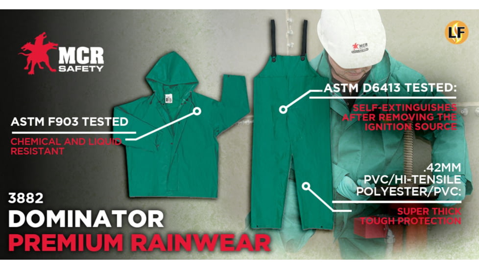 MCR Safety Dominator Series Jacket with Zipper Front and Bib Pants, .42mm PVC/Poly/PVC, Green, 7X, 3882X7