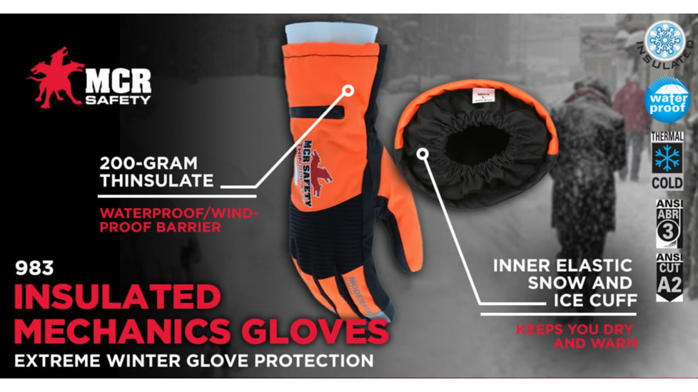 MCR Safety Insulated Mechanics Gloves, 200 gram Thinsulate Lining, MAXGrid Material Palm, Inner Elastic Snow and Ice Cuff, Black/Hi-Vis Orange, X - Large, 983XL