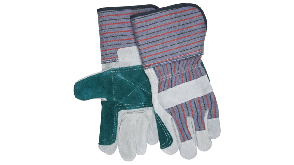 MCR Safety Long Gauntlet Split Leather Double Palm Work Gloves, B Grade Shoulder Leather, 4.5in Rubberized Safety Cuff, Gray and Green, Large, 1312