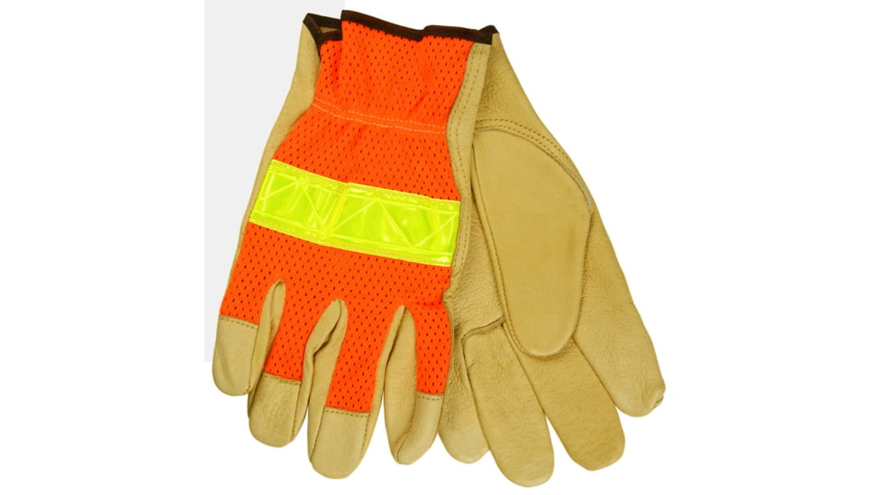 MCR Safety Luminator Hi-Vis Leather Drivers Work Gloves, Premium Grade Grain Pigskin with Mesh Back, Reflective Stripe, Beige, Medium, 34111M