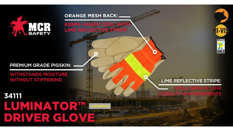 MCR Safety Luminator Hi-Vis Leather Drivers Work Gloves, Premium Grade Grain Pigskin with Mesh Back, Reflective Stripe, Beige, Medium, 34111M