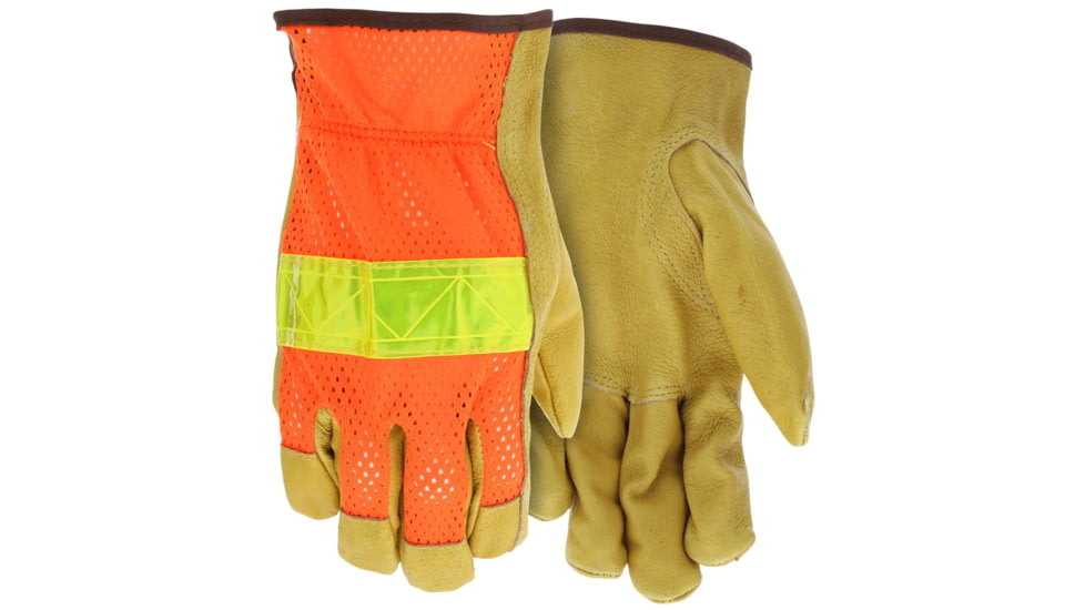 MCR Safety Luminator Hi-Vis Leather Drivers Work Gloves, Premium Grade Grain Pigskin with Mesh Back, Reflective Stripe, Beige, Medium, 34111M