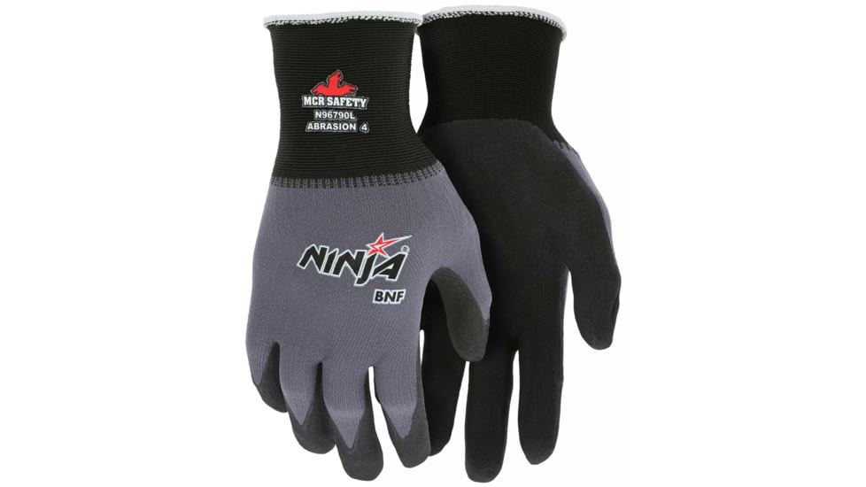 MCR Safety Ninja BNF Work Gloves, 15 Gauge Nylon/Spandex Shell, NFT Coated Palm and Fingertips, Black/Gray, X - Large, N96790XL