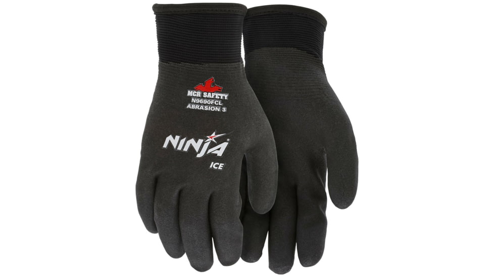 MCR Safety Ninja Ice Insulated Work Gloves, 15 Gauge Nylon with Acrylic Terry Interior, Fully Coated with HPT, Black/Black, Large, N9690FCL