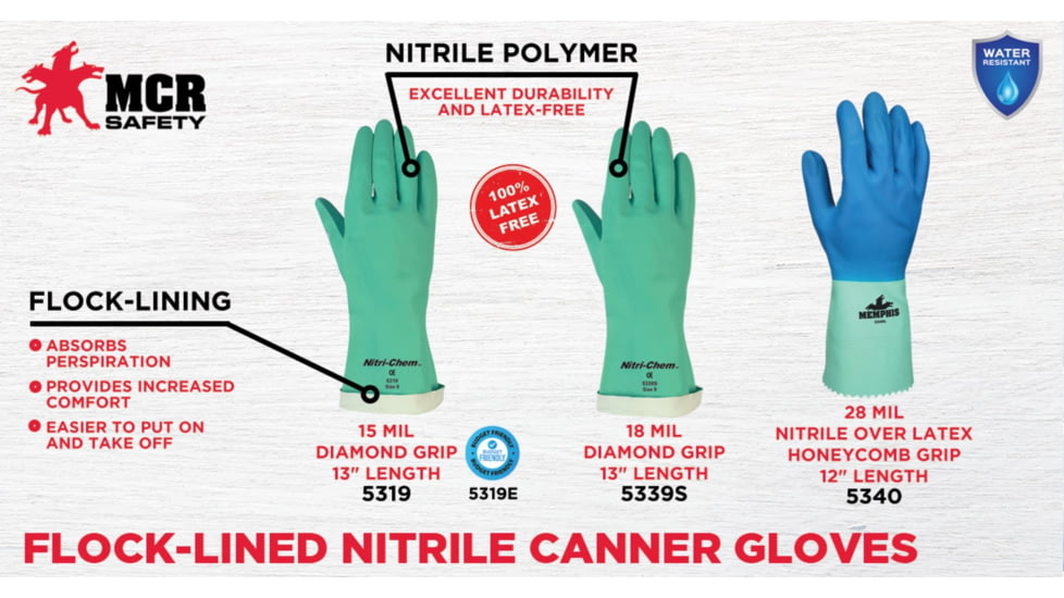 MCR Safety Nitri-Chem Flock Lined Nitrile Gloves, Industrial Grade, 13in Length, 18 mil Thickness, Green, Small, 5337S
