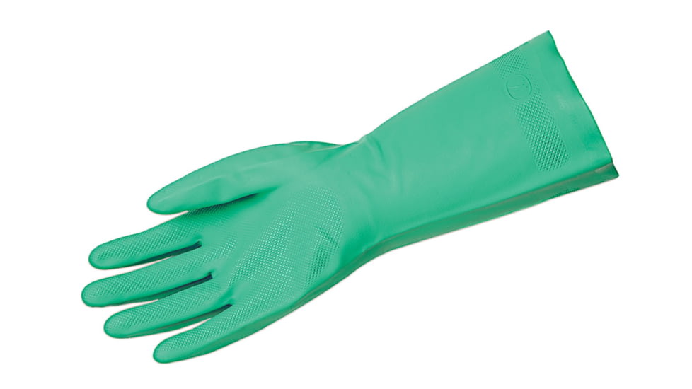 MCR Safety Nitri-Chem Flock Lined Nitrile Gloves, Industrial Grade, 13in Length, 18 mil Thickness, Green, Small, 5337S