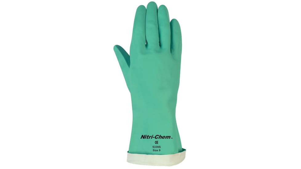 MCR Safety Nitri-Chem Flock Lined Nitrile Gloves, Industrial Grade, 13in Length, 18 mil Thickness, Green, Small, 5337S