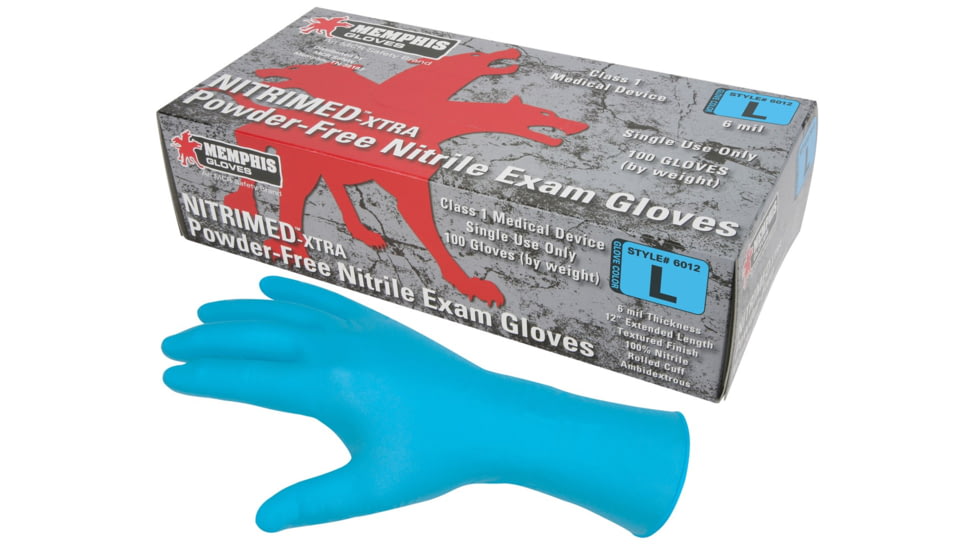 MCR Safety NitriMed-XTRA Disposable Nitrile Gloves, 6 mil Thickness with Textured Grip, Powder Free Medical Grade, 12in Length, Blue, Medium, 6012M