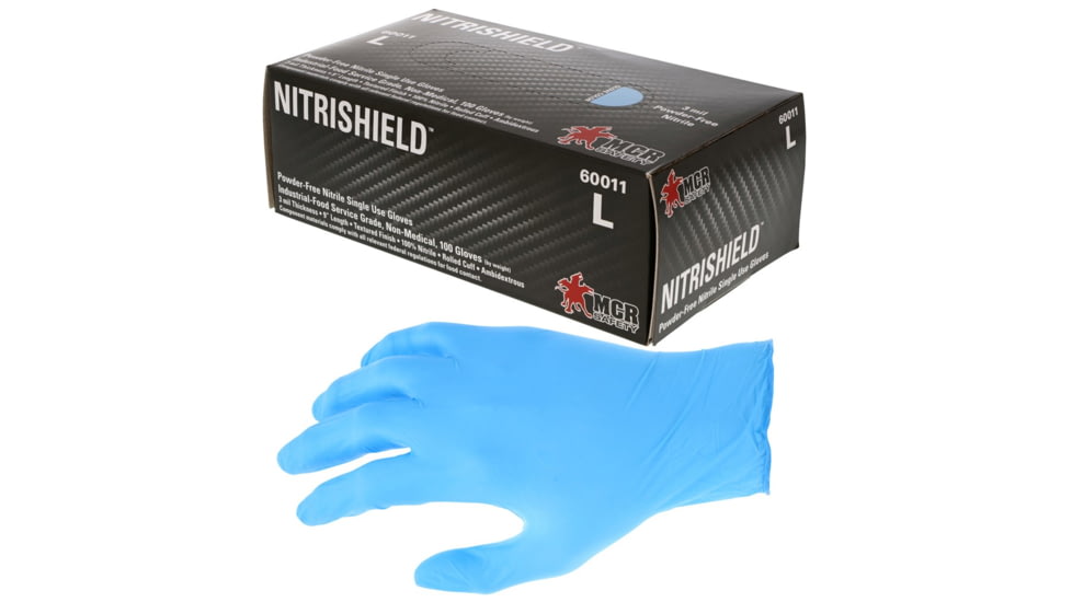 MCR Safety NitriShield Disposable Nitrile Gloves, Powder Free Industrial Food Service Grade, 9in Length, 3 mil in Thickness, Blue, Large, 60011L