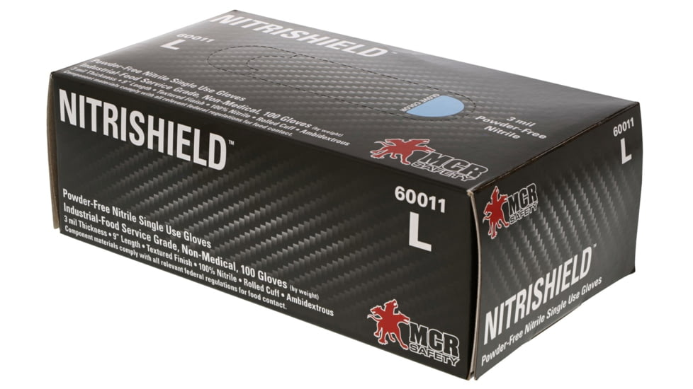 MCR Safety NitriShield Disposable Nitrile Gloves, Powder Free Industrial Food Service Grade, 9in Length, 3 mil in Thickness, Blue, Large, 60011L