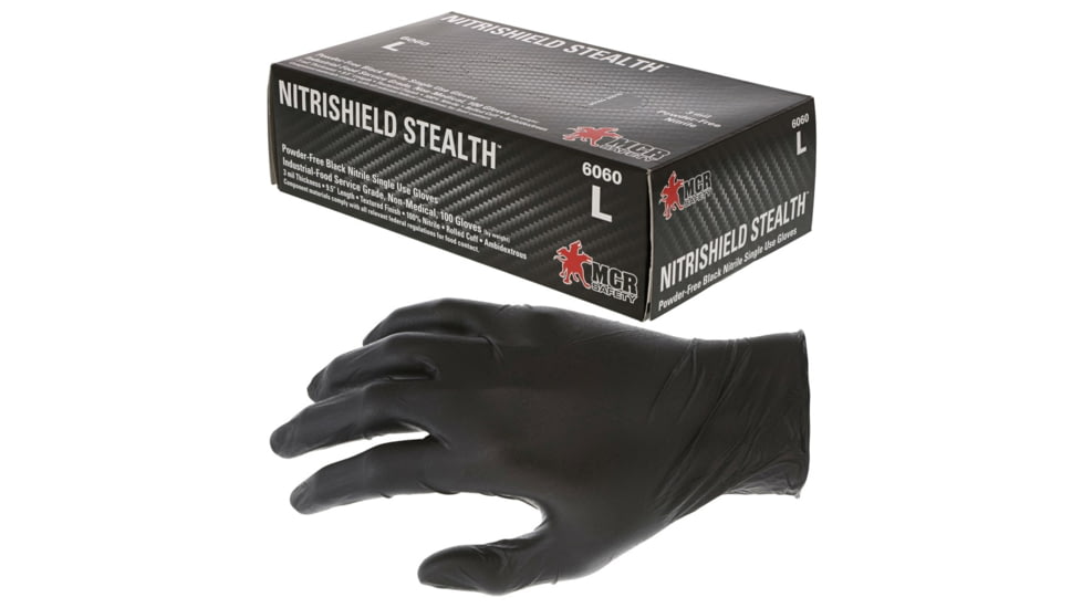 MCR Safety NitriShield Stealth Disposable Nitrile Gloves, Powder Free Industrial Food Service Grade, 9.5in Length, 3 mil Thickness, Black, Large, 6060L