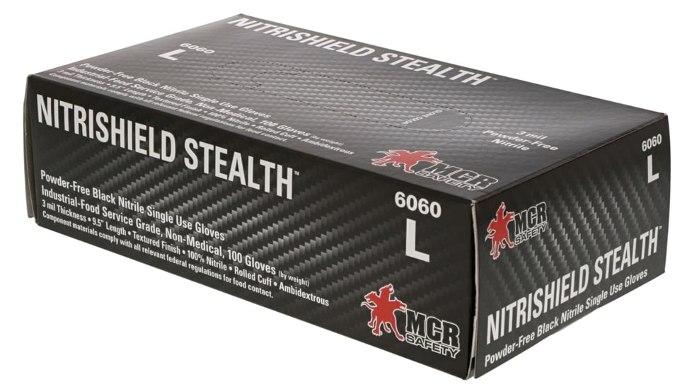 MCR Safety NitriShield Stealth Disposable Nitrile Gloves, Powder Free Industrial Food Service Grade, 9.5in Length, 3 mil Thickness, Black, Large, 6060L