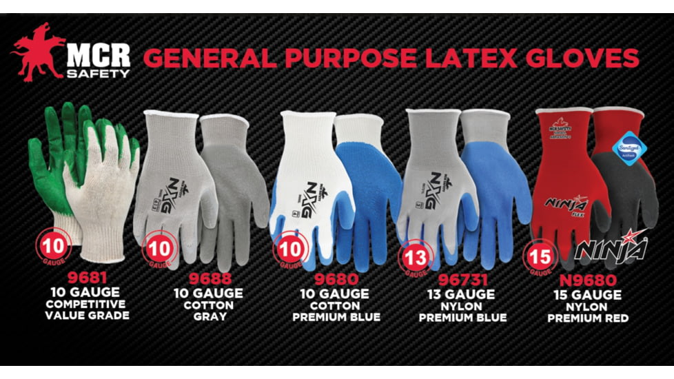 MCR Safety NXG Work Gloves, 10 Gauge Cotton Polyester Shell, Latex Coated Palm and Fingertips, Gray, Medium, 9688M