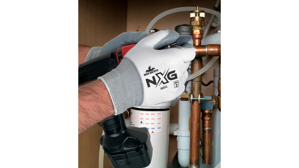MCR Safety NXG Work Gloves, 15 Gauge Nylon Shell, Nitrile Coated Palm and Fingertips, Gray/White, Large, 9683L