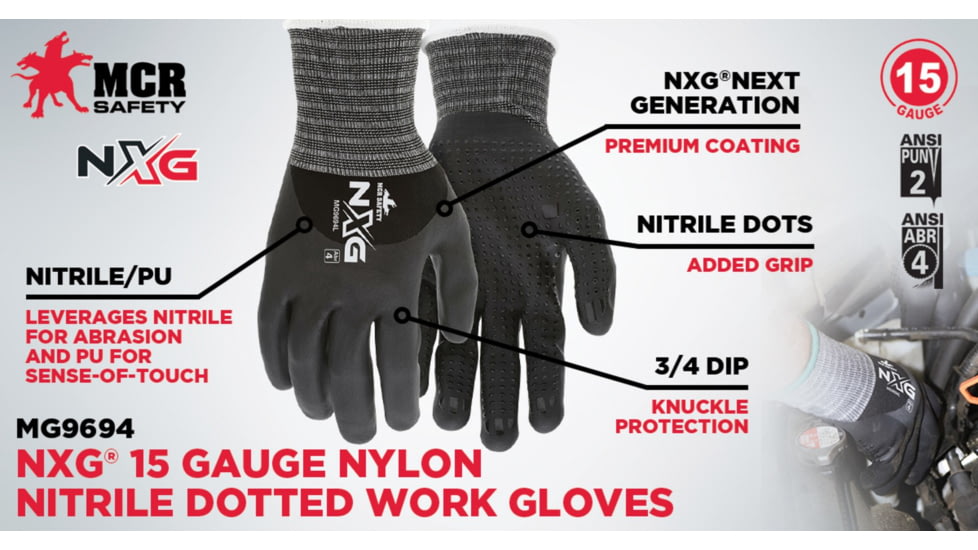 MCR Safety NXG Work Gloves, 15 Gauge Nylon Spandex Shell, Bi-Polymer Coated Palm, Fingers, and Over Knuckles, Nitrile Dotted Palm, Black, X - Large, MG9694XL
