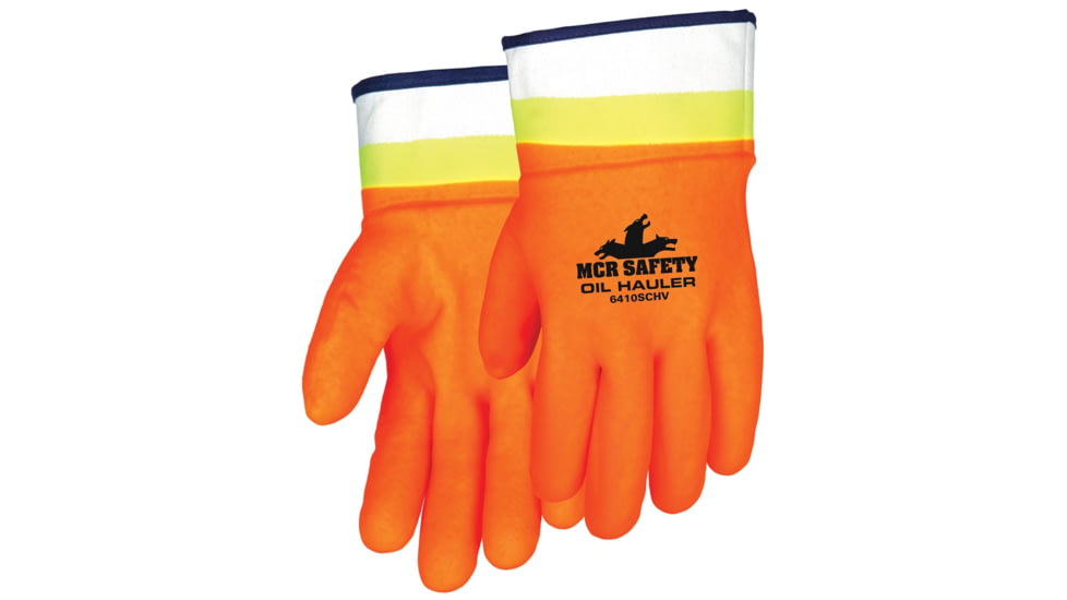 MCR Safety Oil Hauler Double Dipped PVC Work Gloves, PVC over Lime PVC, Soft Jersey Lining, Protective Safety Cuff, Orange/Lime, Large, 6410SCHV