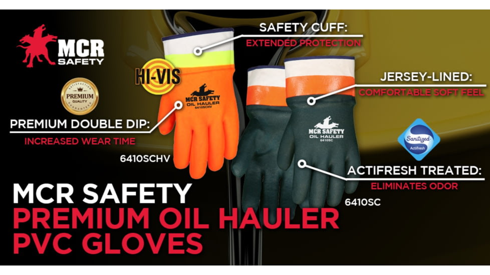 MCR Safety Oil Hauler Double Dipped PVC Work Gloves, PVC over Lime PVC, Soft Jersey Lining, Protective Safety Cuff, Orange/Lime, Large, 6410SCHV