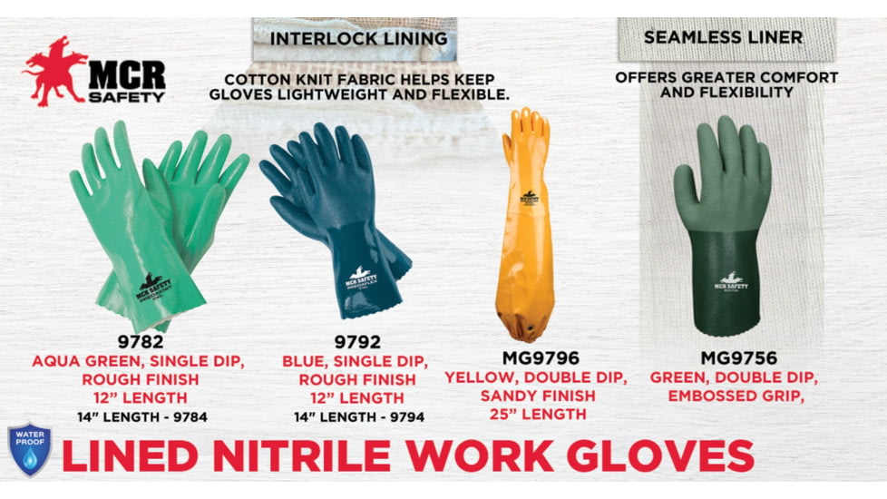 MCR Safety PredaFlex Work Gloves, Shoulder Length Fully Coated with Nitrile, Soft Interlock Liner, Sandy Finish, Yellow, Small, MG9796S