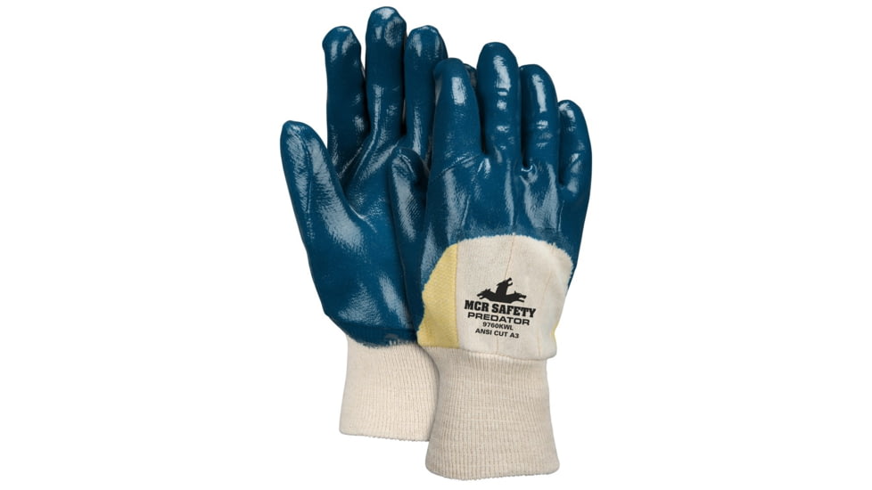 MCR Safety Predator Series Over the Knuckle Nitrile Coated Work Gloves, Palm Reinforced with DuPont Kevlar, Knit Wrist and Jersey Lined, Blue/White, Large, 9760KW
