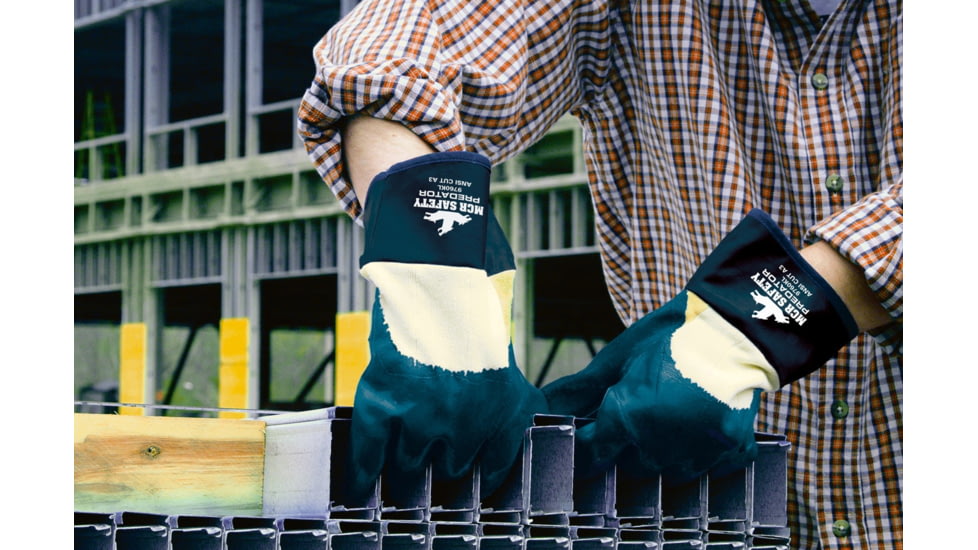 MCR Safety Predator Series Over the Knuckle Nitrile Coated Work Gloves, Palm Reinforced with DuPont Kevlar, Safety Cuff and Jersey Lined, Blue/White, Large, 9760K