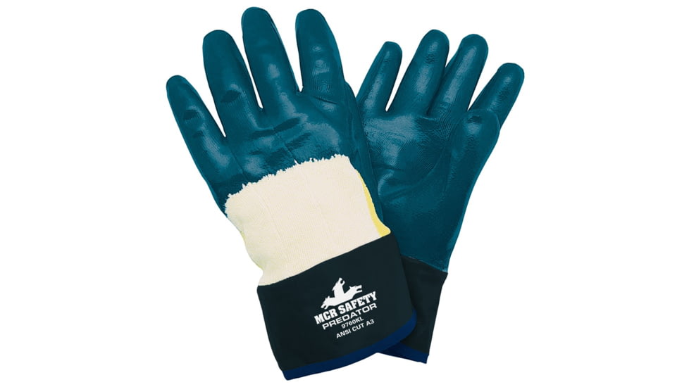 MCR Safety Predator Series Over the Knuckle Nitrile Coated Work Gloves, Palm Reinforced with DuPont Kevlar, Safety Cuff and Jersey Lined, Blue/White, Large, 9760K