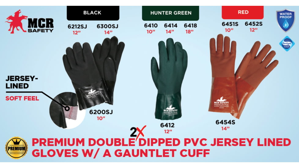 MCR Safety Premium PVC Coated Work Gloves, Double Dipped with Sandy PVC, Soft Jersey Lining, 10in Length, Black/White, Large, 6200SJ