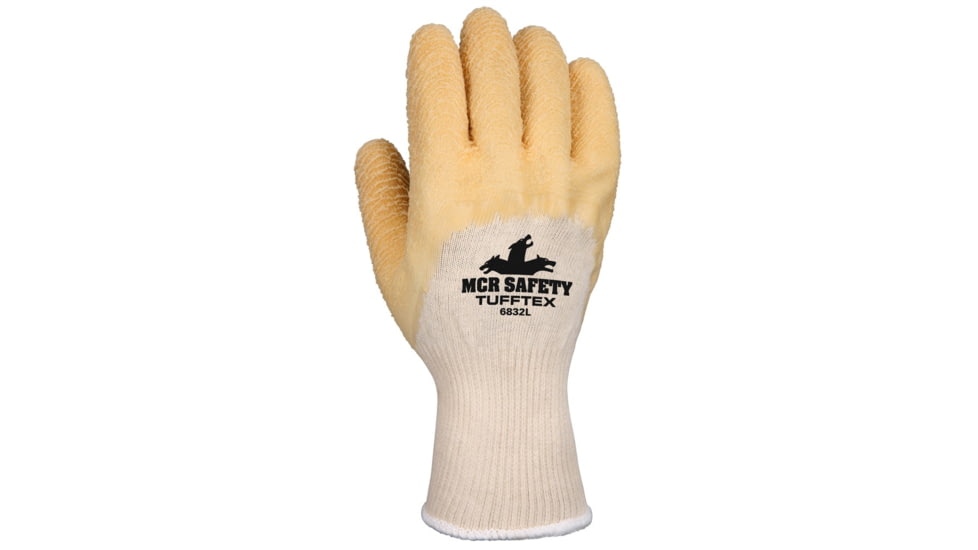 MCR Safety Premium Tufftex Series Rubber Coated String Knit Work Gloves, Crinkle Texture Finish, Comfortable Knit Wrist, Yellow/Natural, Small, 6832S