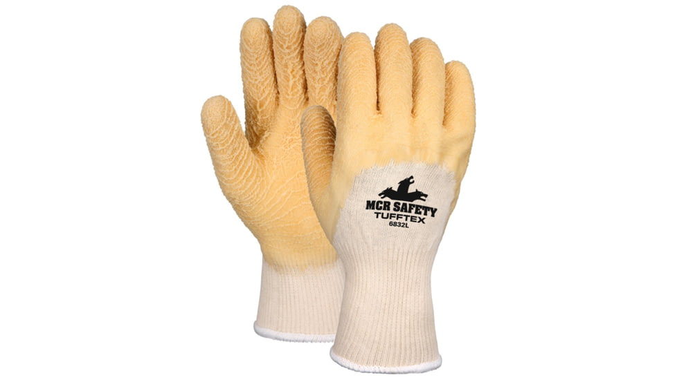 MCR Safety Premium Tufftex Series Rubber Coated String Knit Work Gloves, Crinkle Texture Finish, Comfortable Knit Wrist, Yellow/Natural, Small, 6832S