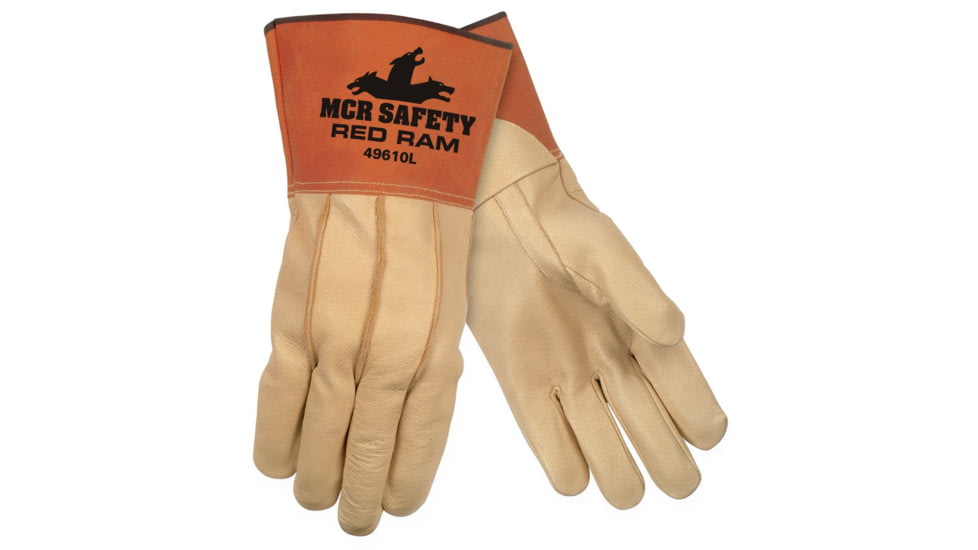 MCR Safety Red Ram Mig/Tig Select Grain Pigskin, Clute Back, 4.5in Split Pig Cuff, Beige and Russet, Large, 49610L
