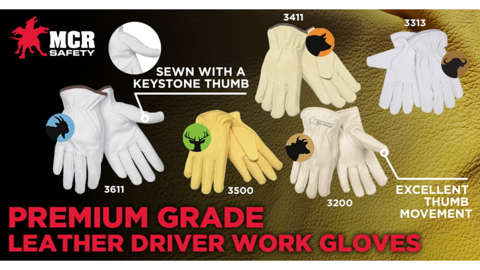 MCR Safety Leather Drivers Work Gloves, Premium Grade Unlined Grain Pigskin, Keystone Thumb, Beige, Medium, 3411M