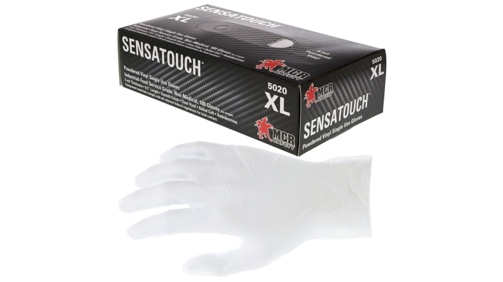 MCR Safety SensaTouch Disposable Vinyl Gloves, Powdered Industrial Grade, 9.5in Length, 5 mil Thickness, Clear, Large, 5020L