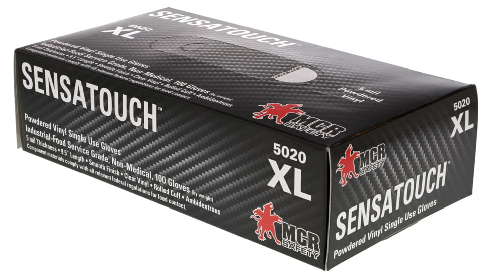 MCR Safety SensaTouch Disposable Vinyl Gloves, Powdered Industrial Grade, 9.5in Length, 5 mil Thickness, Clear, Large, 5020L