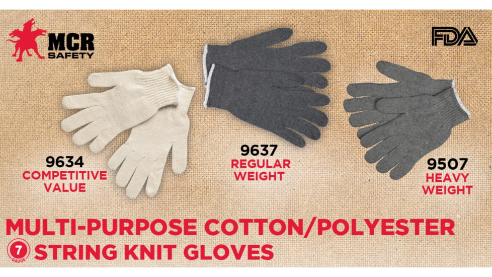 MCR Safety String Knit Work Gloves, 7 Gauge Regular Weight, 70% Cotton/30% Polyester, Hemmed Cuff, Gray, Small, 9637S