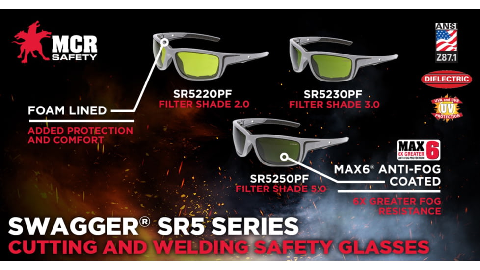 MCR Safety Swagger SR5 Series Welding Filter Shade 3.0 Dark Safety Glasses, MAX6 Anti-Fog Coating, Spoggle Strap Slot on Temples, Green Filter 3.0, One Size, SR5230PF