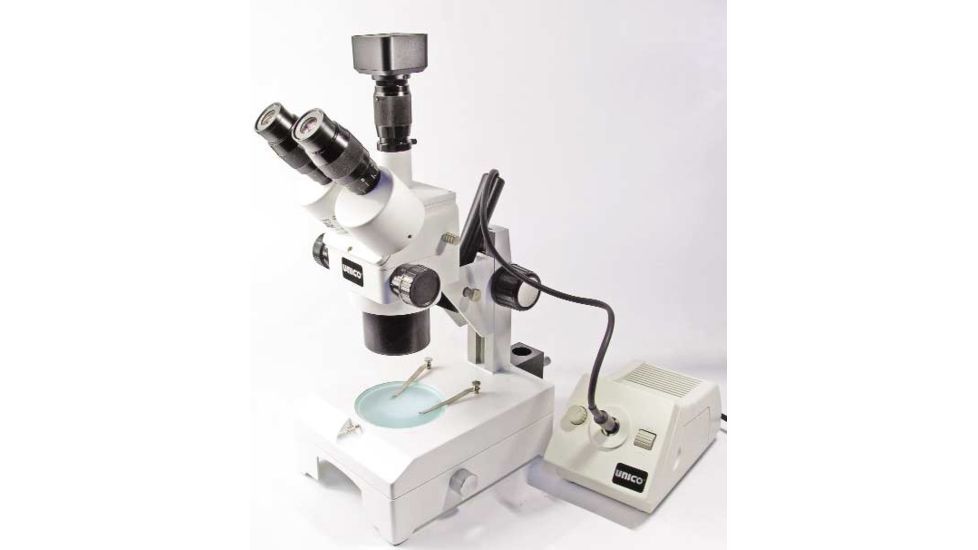 Unico ZM188TC Microscope TRINOCULAR WF15X 0.7X-4.5X DPT stand w/top illum. Port and Diascopic Base; D4-8023 C-mount adapter and B6-8185 Digtal Camera packag ZM188TC